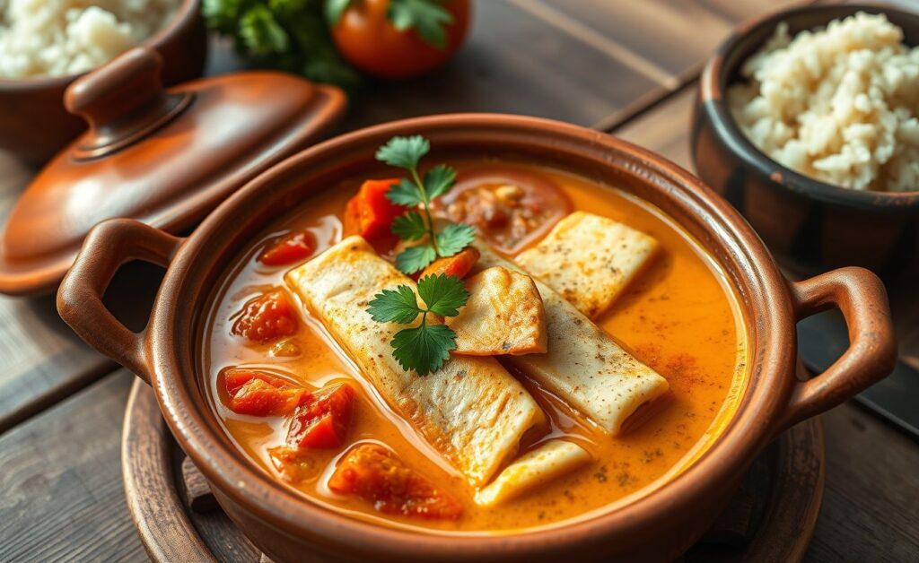 Moqueca Capixaba servida em panela de barro com peixe fresco em molho cremoso de leite de coco e dendê, acompanhada de arroz branco.