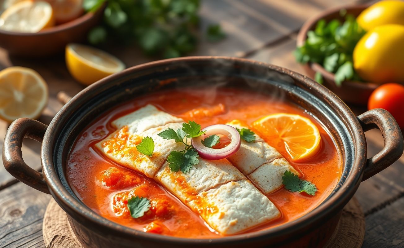 Moqueca Capixaba tradicional servida em panela de barro com filés de peixe, molho avermelhado de urucum, cebolas e tomates, decorada com coentro fresco