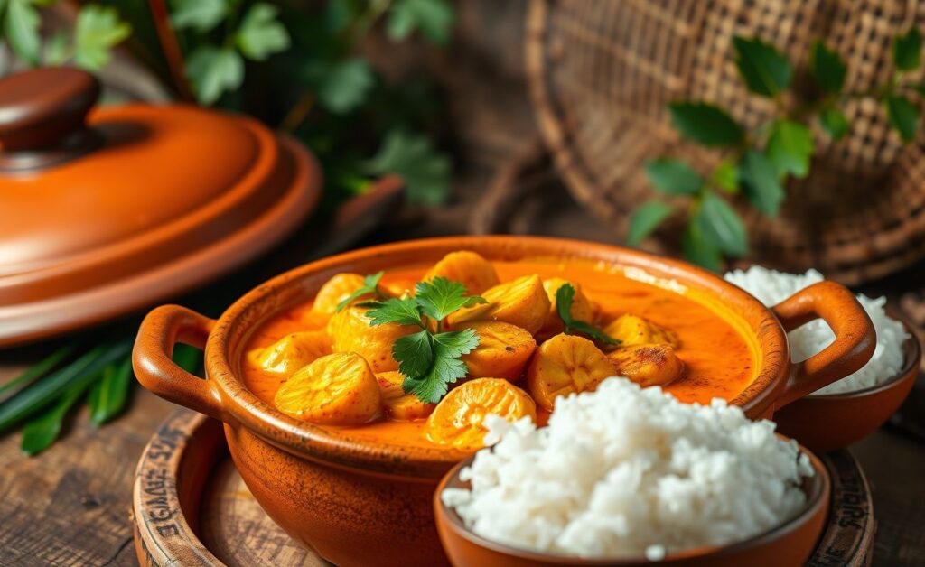 Moqueca de banana-da-terra servida em panela de barro com molho cremoso laranja, acompanhada de arroz branco e decorada com coentro fresco