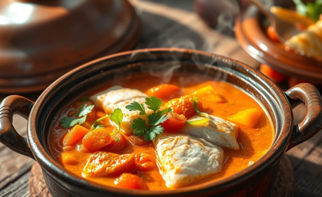Moqueca de peixe servida em panela de barro com molho laranja-avermelhado, pedaços de peixe, pimentões coloridos e coentro fresco