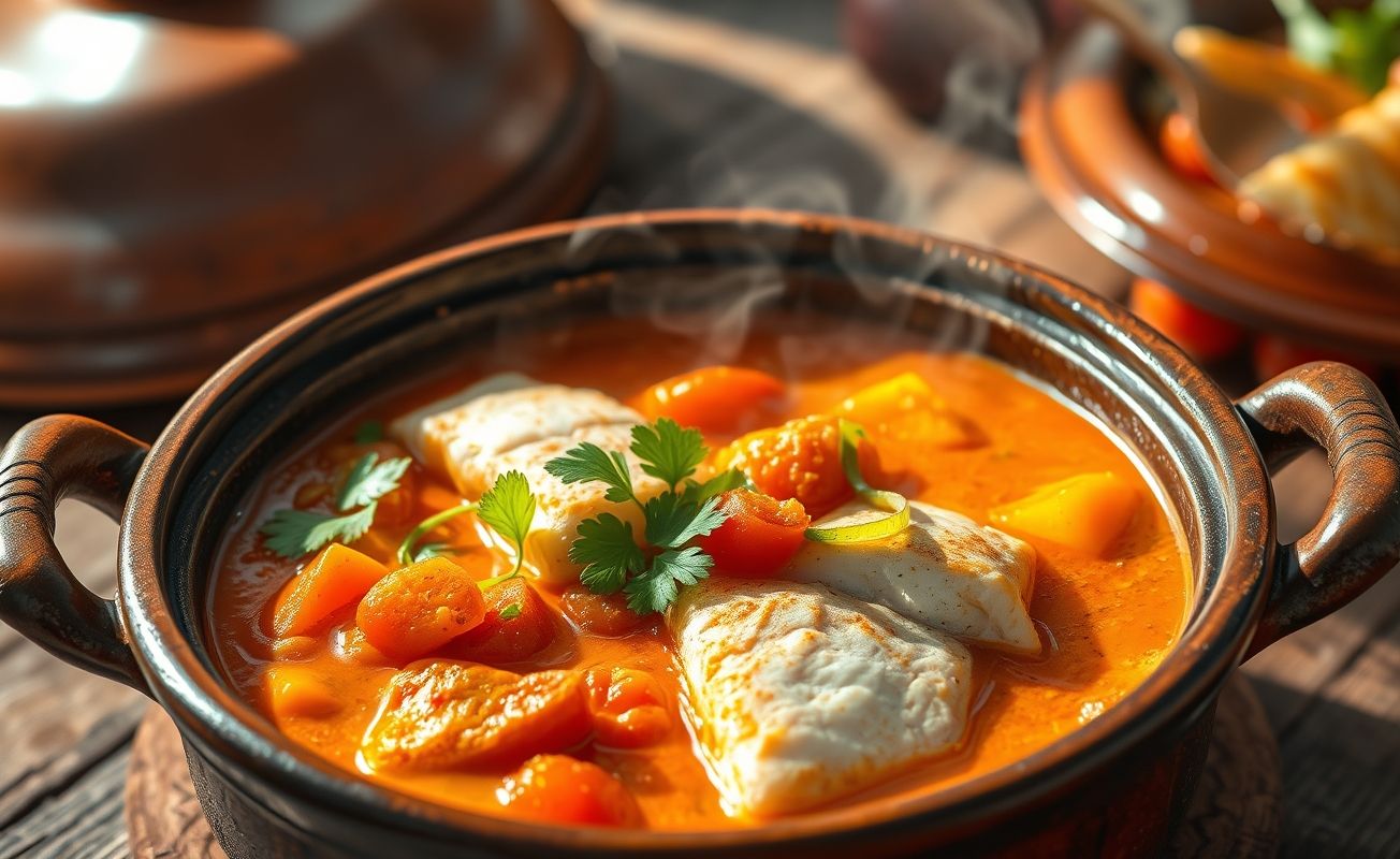 Moqueca de peixe servida em panela de barro com molho laranja-avermelhado, pedaços de peixe, pimentões coloridos e coentro fresco