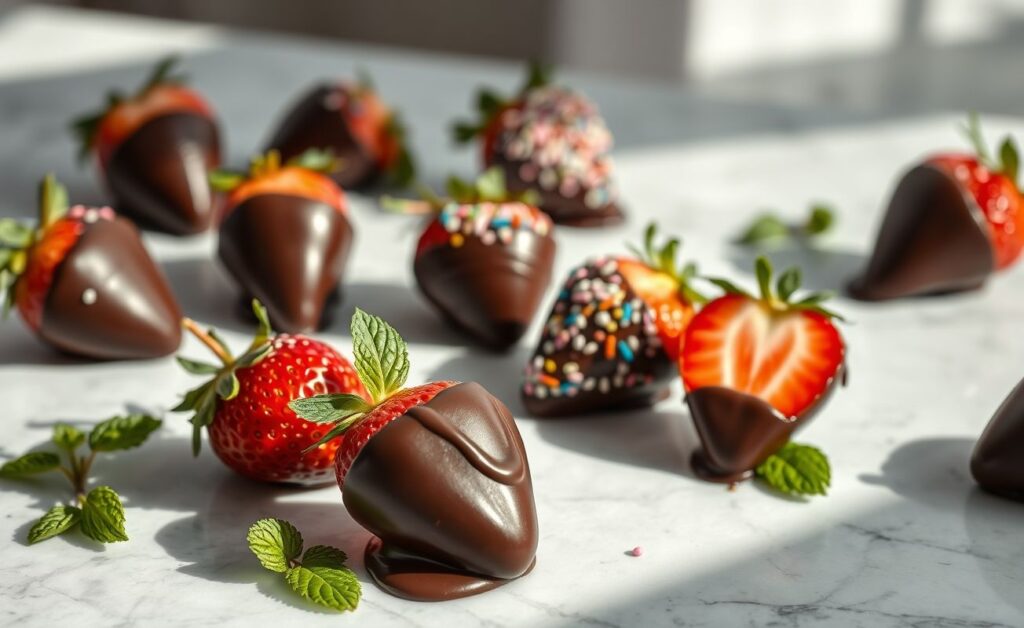 Morangos frescos cobertos com chocolate derretido e granulado colorido, conhecidos como Morango do amor, dispostos elegantemente em prato branco