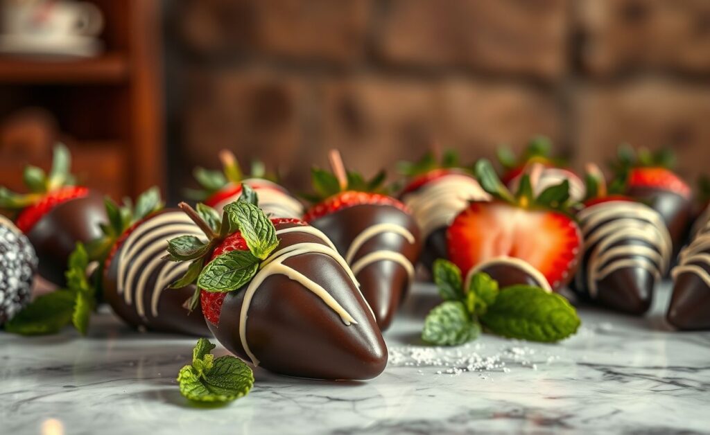 Morango do amor coberto com chocolate derretido e chantilly, decorado com folhas de hortelã, em apresentação romântica e apetitosa.