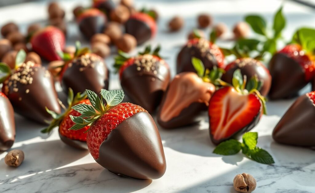 Morango do amor coberto com chocolate derretido e avelãs picadas, decorado com folhas de hortelã fresca em fundo claro