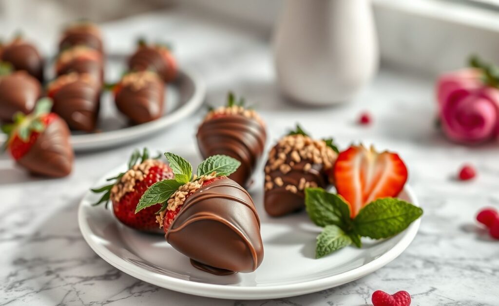 Morango do amor coberto com chocolate meio amargo e crosta de avelãs, decorado com folhas de hortelã em prato branco