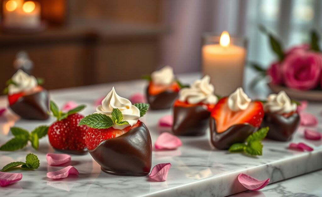 Morango do amor - morangos frescos cobertos com chocolate derretido e decorados com chantilly, em apresentação romântica sobre mesa decorada