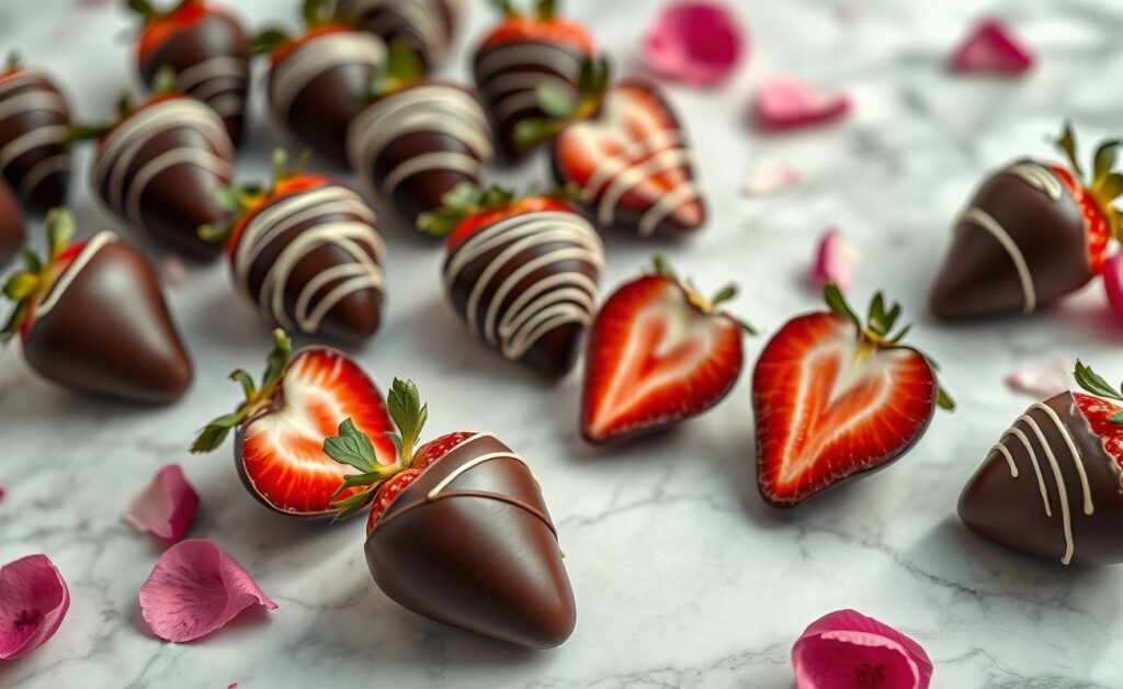 Morango Do Amor - morangos frescos cobertos com chocolate meio amarro derretido e decorados com raspas de chocolate branco, dispostos elegantemente