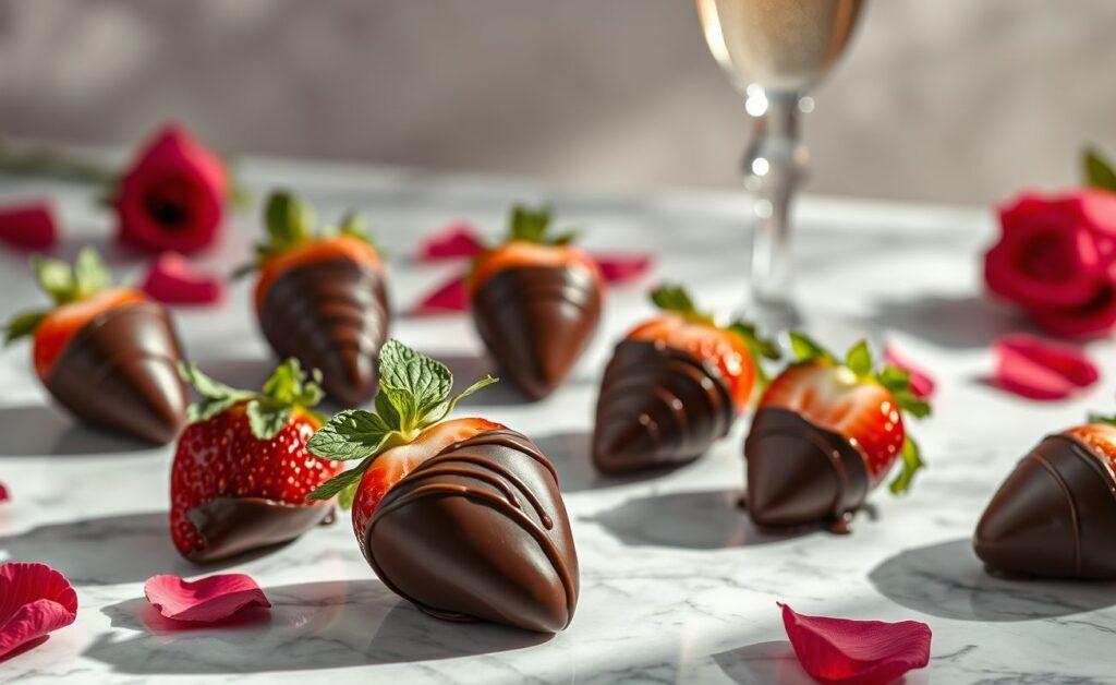 Morango Do Amor - morangos frescos mergulhados em chocolate meio amarro, decorados com folhas de hortelã, dispostos elegantemente em prato branco