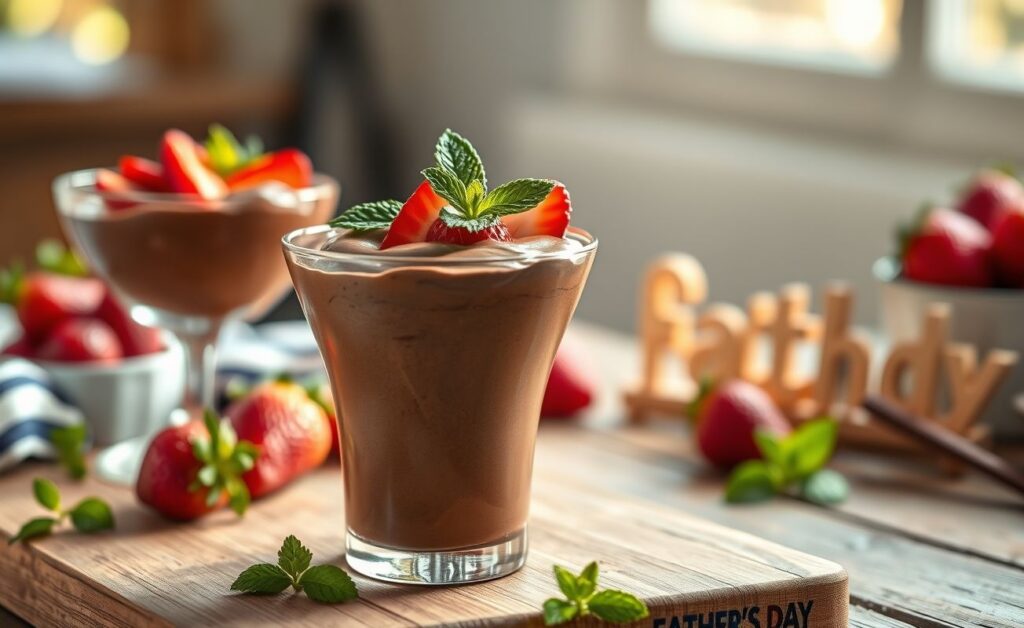 Sobremesa para o dia dos pais: taças de mousse de chocolate cremoso decoradas com fatias de morango vermelho vivo e folhas verdes de hortelã