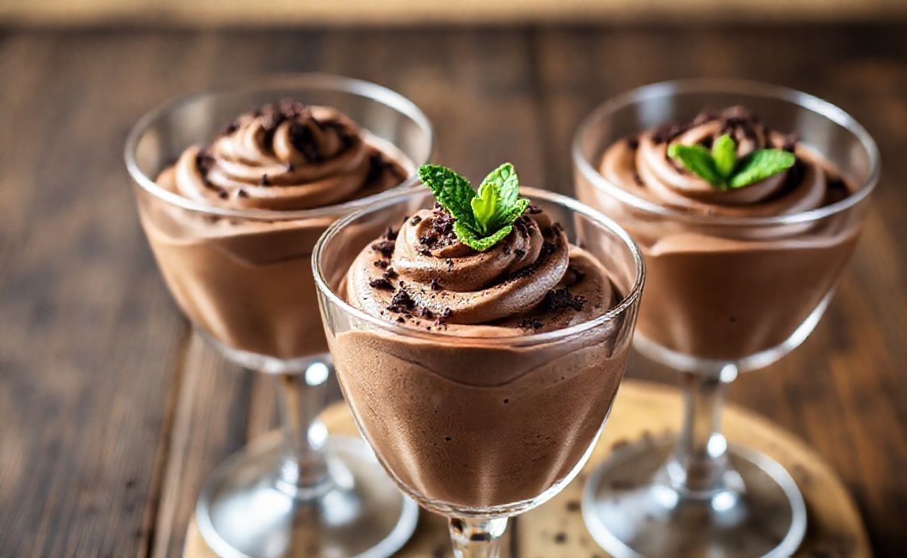 Mousse de Chocolate servido em taça de vidro com chantilly, raspas de chocolate e folha de hortelã, textura cremosa e aveludada
