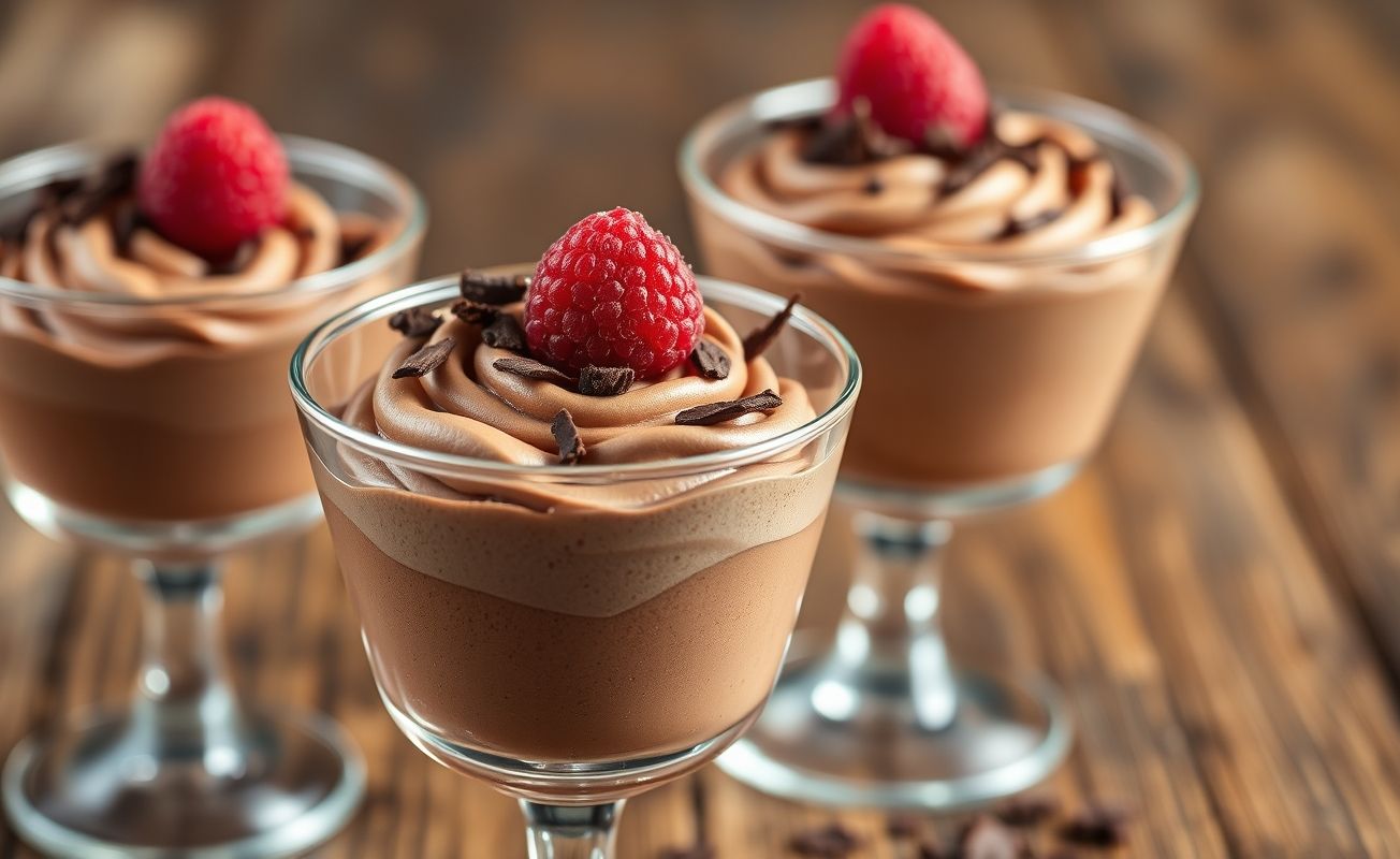 Mousse de Chocolate servido em taça de vidro com raspas de chocolate e framboesa fresca, textura cremosa e aerada