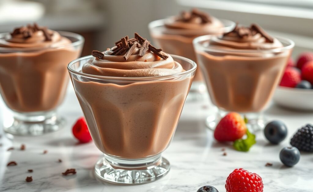 Mousse De Chocolate Cremoso servido em taça com raspas de chocolate, textura aveludada e aparência convidativa