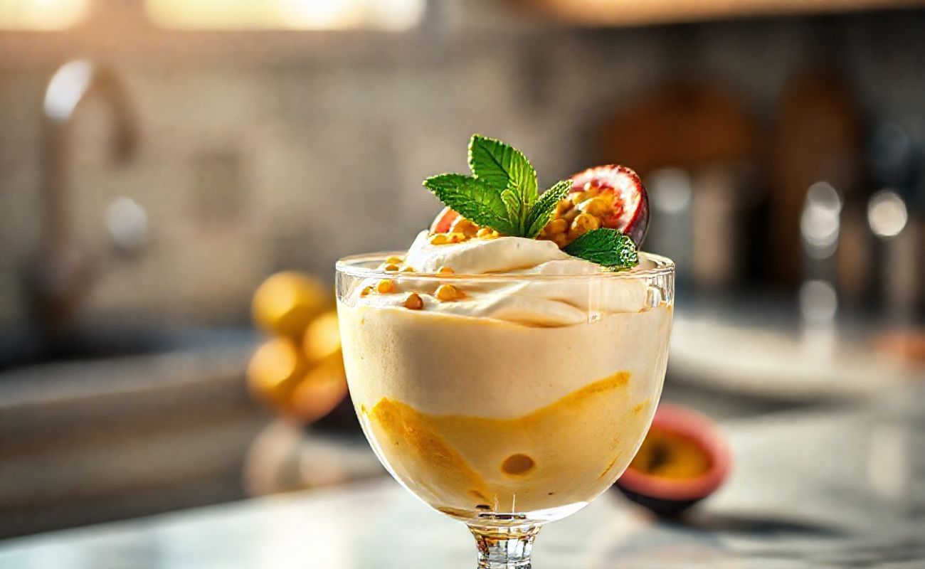 Mousse de Maracujá cremoso em taça transparente decorado com polpa fresca de maracujá e folha de hortelã