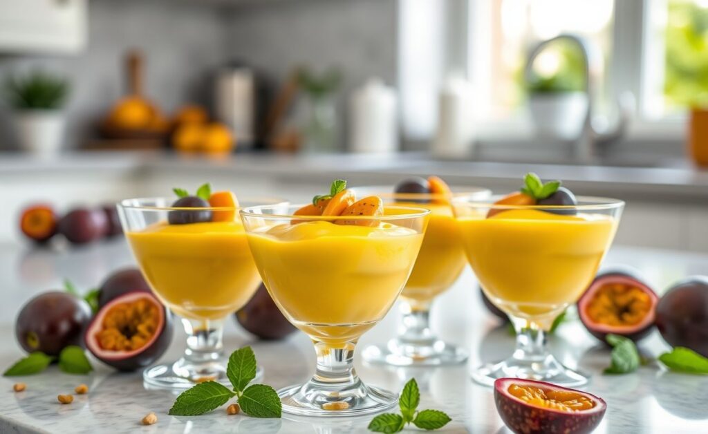 Mousse de maracujá servido em taça transparente, com textura cremosa e lisa, decorado com polpa fresca da fruta e folhas verdes