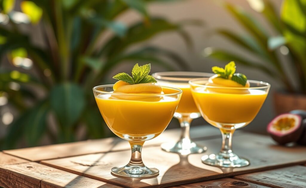 Mousse de maracujá servido em taça transparente com textura cremosa e lisa, decorado com polpa fresca de maracujá e folhas verdes
