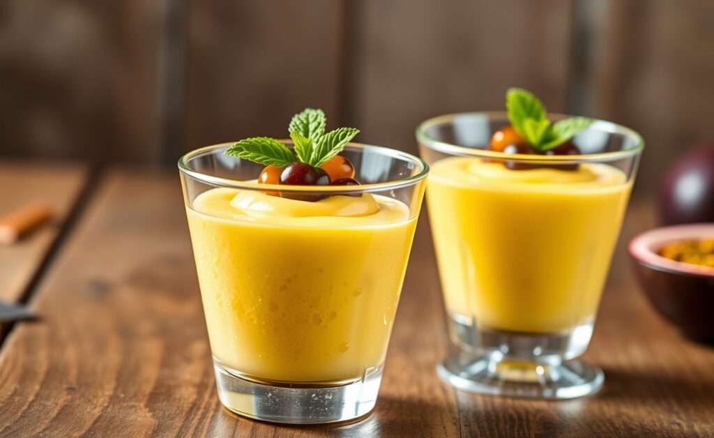 Mousse de maracujá servido em taça de vidro com sementes frescas decorando, textura cremosa e cor amarela vibrante