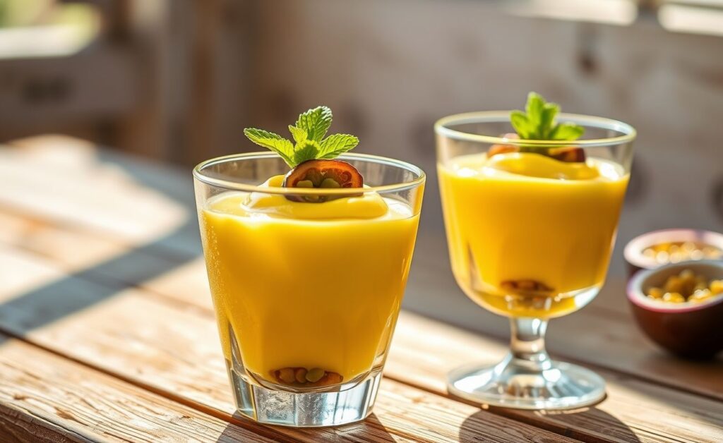Mousse de maracujá cremosa em taça transparente, decorada com sementes da fruta - sobremesa fácil e rápida perfeita para qualquer ocasião