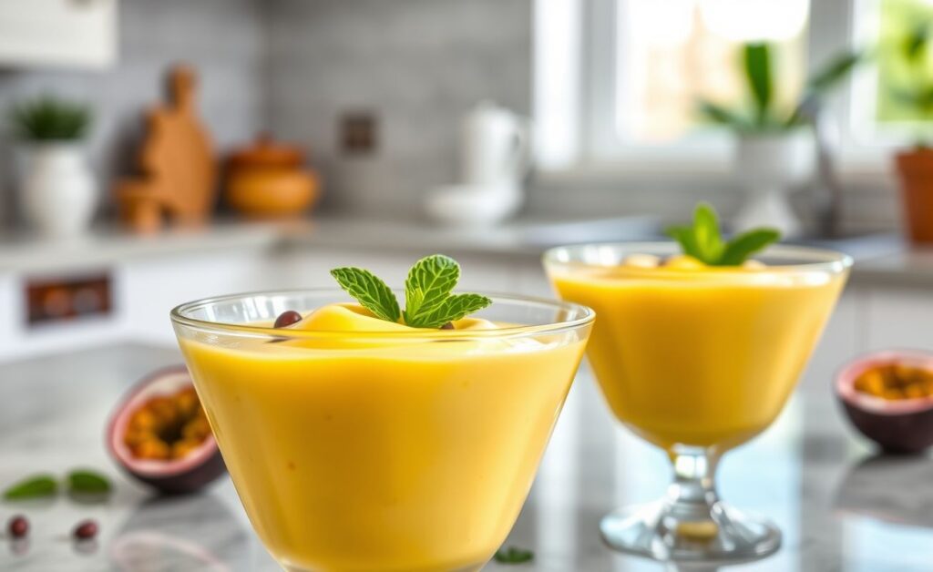 Sobremesa fácil de mousse de maracujá cremoso servido em taça transparente, decorado com sementes da fruta e folha de hortelã