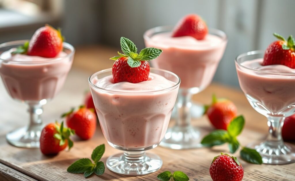 Taça com mousse de morango cremoso decorado com folhas de hortelã e morangos frescos, sobremesa rosa clara com contrastes vibrantes