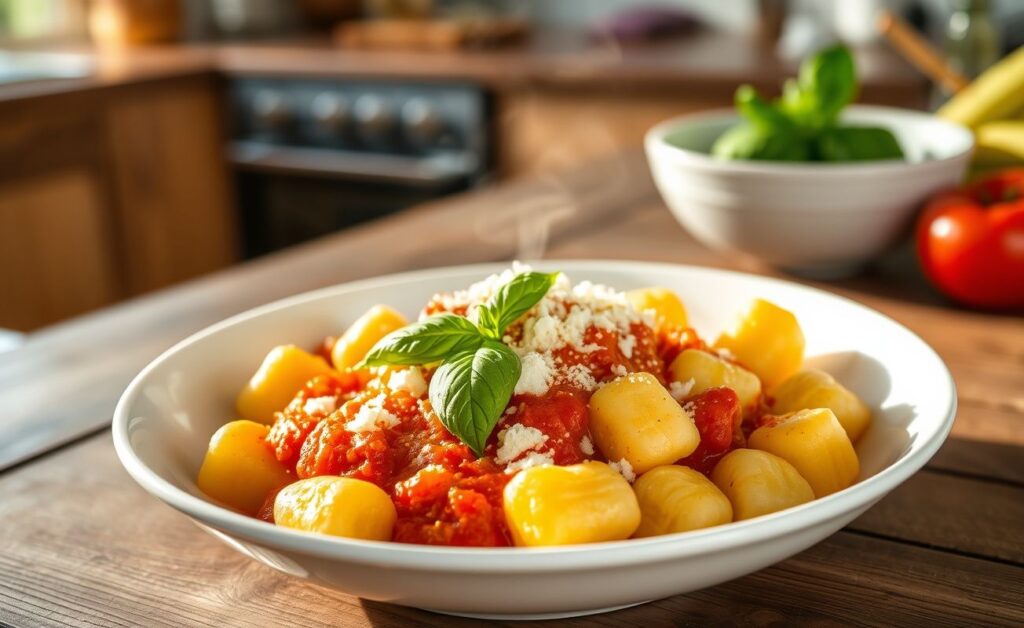 Prato de Nhoque de batata servido em tigela branca com molho vermelho, queijo ralado e folhas verdes de manjericão como decoração