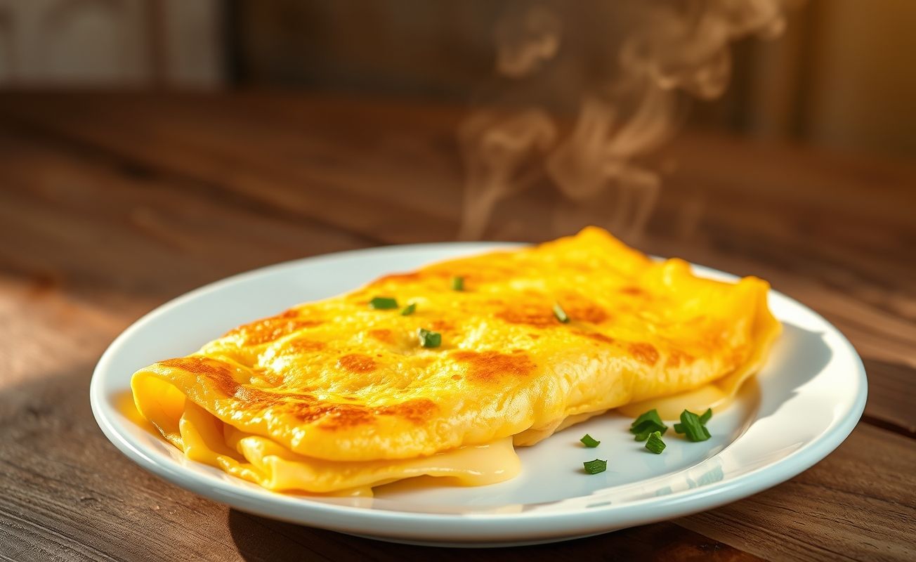 Omelete dourada servida em prato branco, mostrando interior cremoso com queijo derretido e decorada com ervas frescas