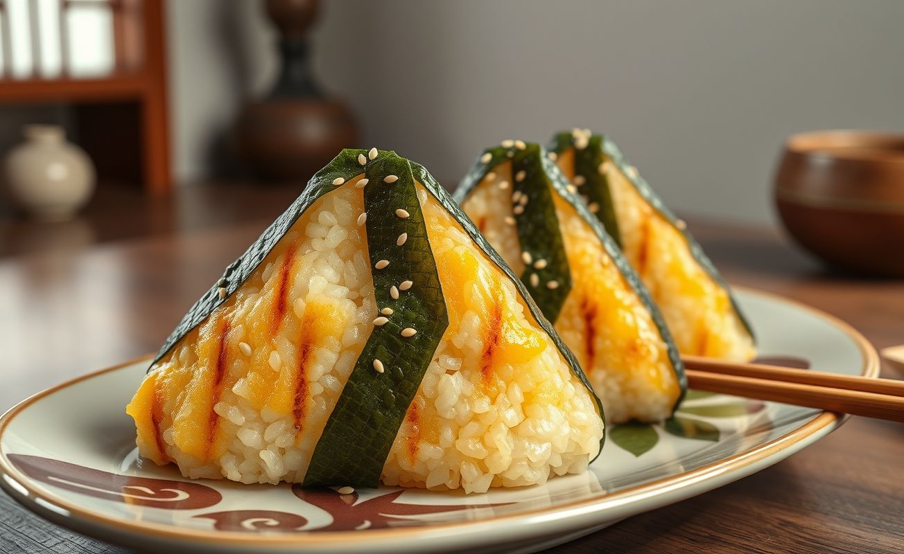 Onigiri japonês triangular dourado com recheio de salmão, envolto em alga nori crocante e decorado com gergelim - receitas japonesas fáceis