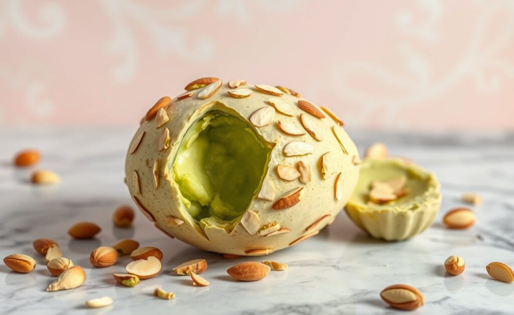 Ovo de Páscoa de pistache cremoso decorado com lascas de amêndoas e pistaches em fundo pastel