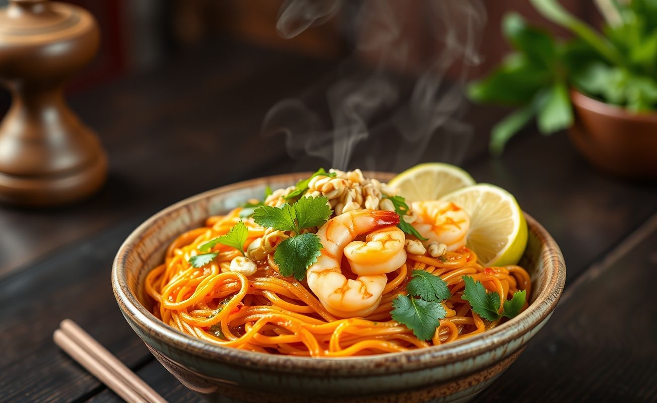 Prato de comida asiática Pad Thai com macarrão de arroz, camarões, amendoim triturado e limão em bowl cerâmico