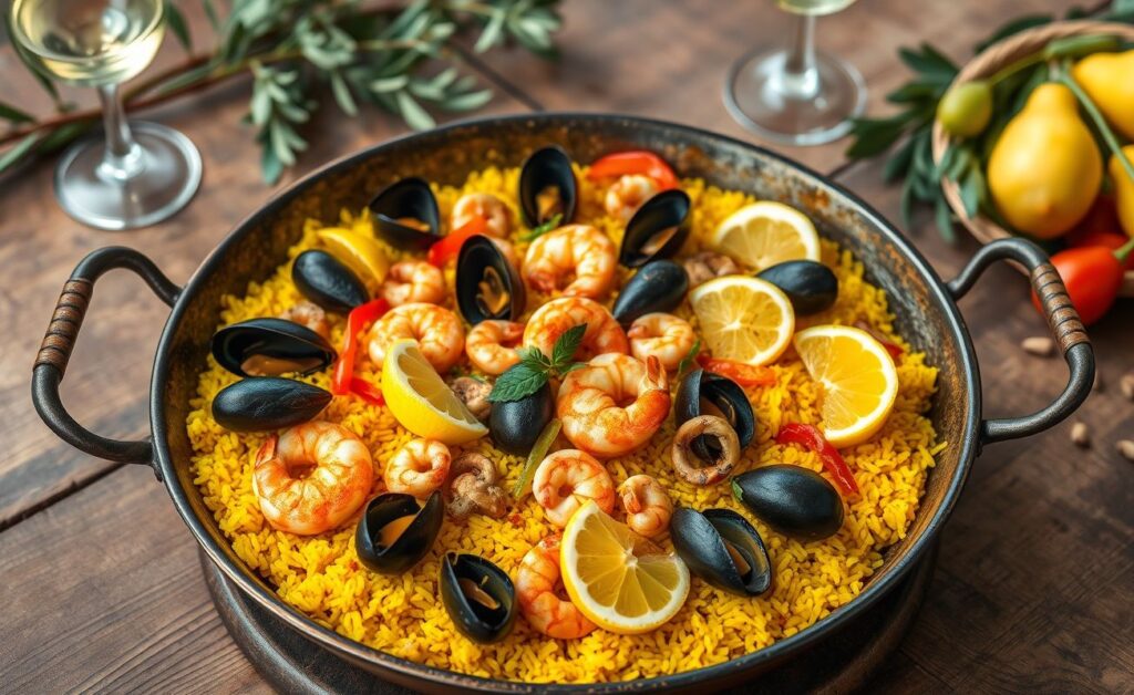 Paella tradicional espanhola com arroz amarelo do açafrão, camarões, mexilhões e lula, decorada com limão e pimentões em uma panela larga