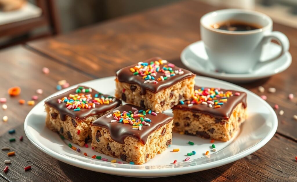 Palha Italiana tradicional cortada em quadrados, coberta com granulado colorido sobre prato branco, mostrando textura crocante e cremosa