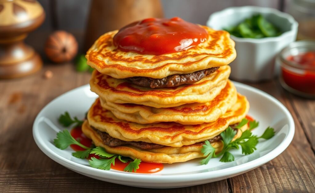 Panqueca de Carne caseira com recheio de carne moída, servida em camadas douradas com molho e salsa fresca
