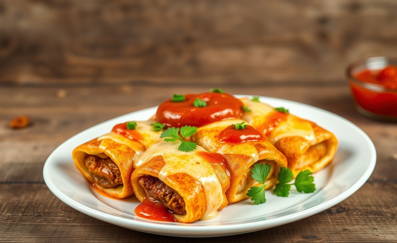 Panqueca de Carne dourada com recheio suculento, coberta com queijo derretido e molho de tomate, decorada com salsinha fresca