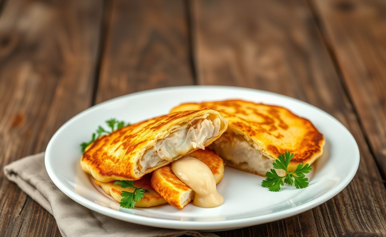 Panqueca de frango gratinada com molho branco e queijo, servida em prato branco com salsinha fresca