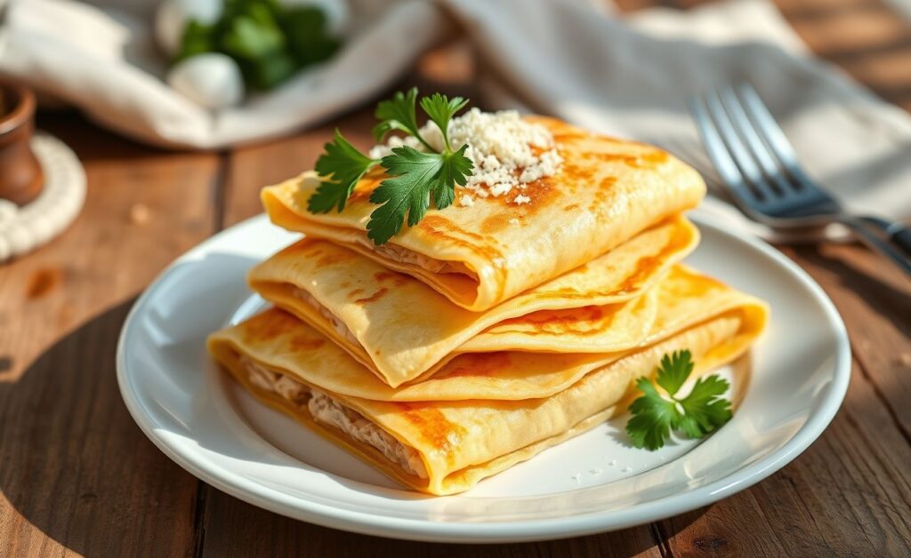 Panqueca Recheada servida em prato branco com recheio de frango visível, coberta com queijo ralado e decorada com salsinha fresca