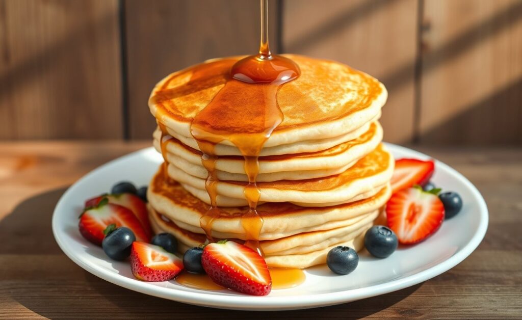 Pilha de Panquecas americanas douradas com calda de maple e frutas vermelhas frescas em prato branco