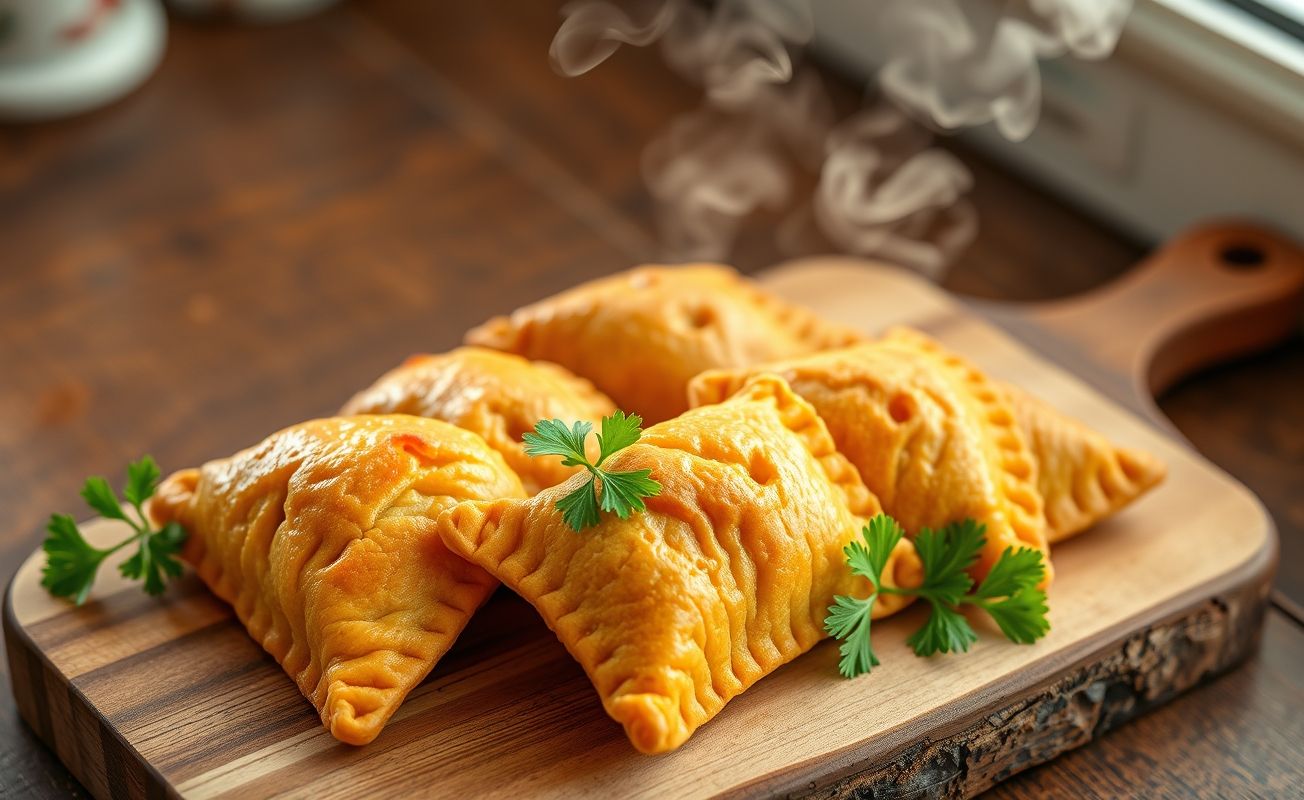 Pastel de carne frito dourado sobre tábua de madeira, mostrando textura crocante da massa e recheio de carne visible através da abertura