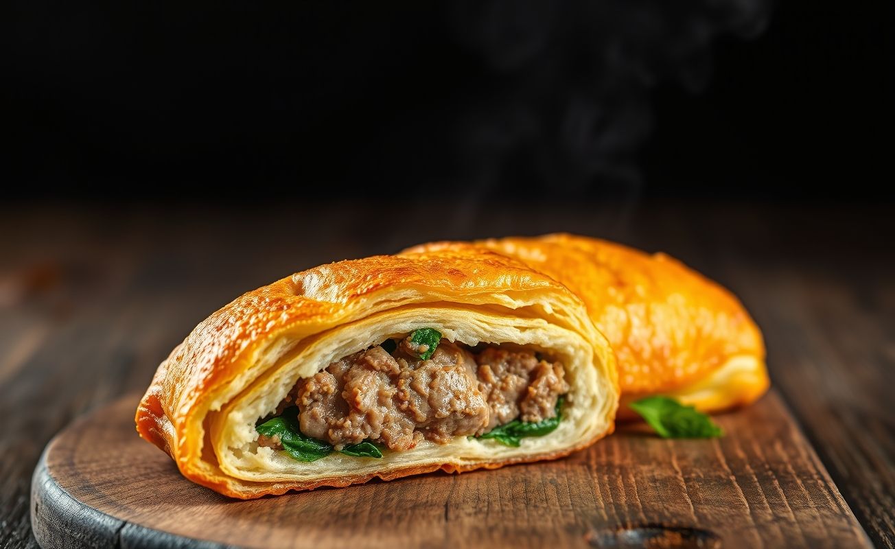 Pastel frito dourado e crocante com recheio de carne moída visível, sobre tábua de madeira rústica