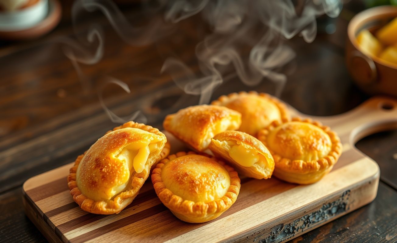 Pastel de Queijo frito dourado e crocante com recheio de queijo derretido visível, disposto em tábua de madeira
