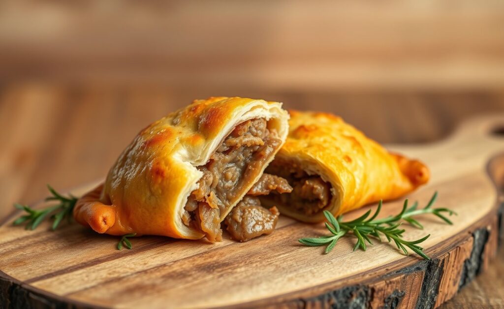 Pastel na air fryer dourado e crocante cortado ao meio mostrando recheio suculento de carne moída, servido em tábua de madeira