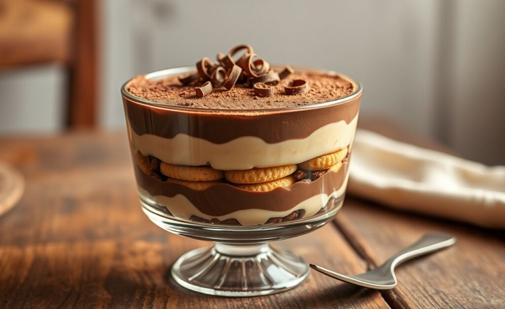 Pavê de chocolate cremoso em camadas servido em travessa de vidro, com pó de chocolate por cima e aspecto convidativo