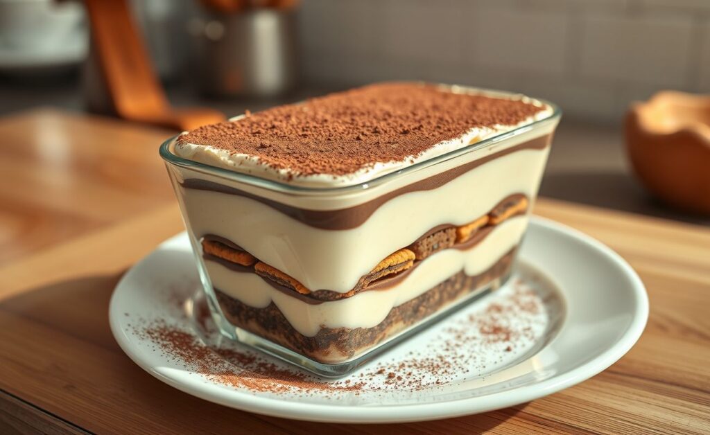 Pavê tradicional servido em taça transparente mostrando camadas de creme e bolacha, com chocolate em pó polvilhado por cima