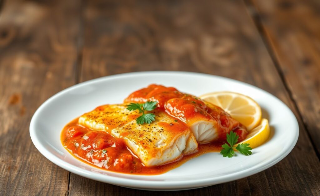 Peixe ao molho servido em prato branco com molho cremoso de tomate e ervas, decorado com salsa e fatias de limão