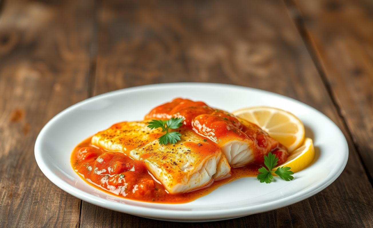 Peixe ao molho servido em prato branco com molho cremoso de tomate e ervas, decorado com salsa e fatias de limão