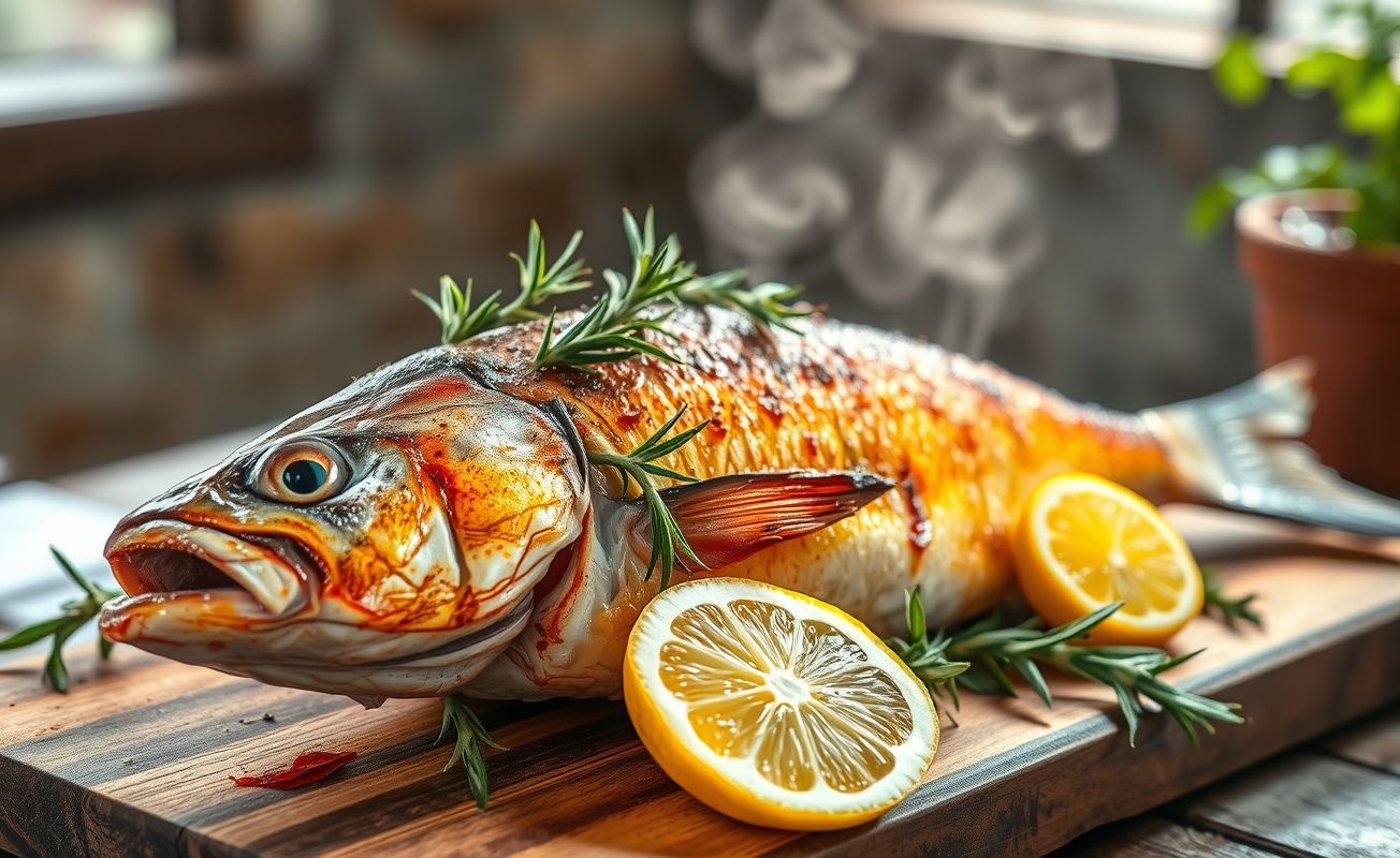 Peixe assado inteiro com pele crocante dourada, decorado com limão e ervas frescas, servido em tábua de madeira rústica
