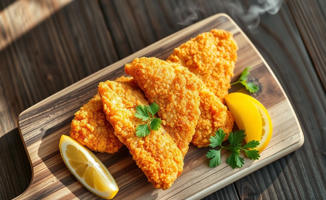 Peixe frito crocante com limão e salsa, dourado perfeito em prato rústico