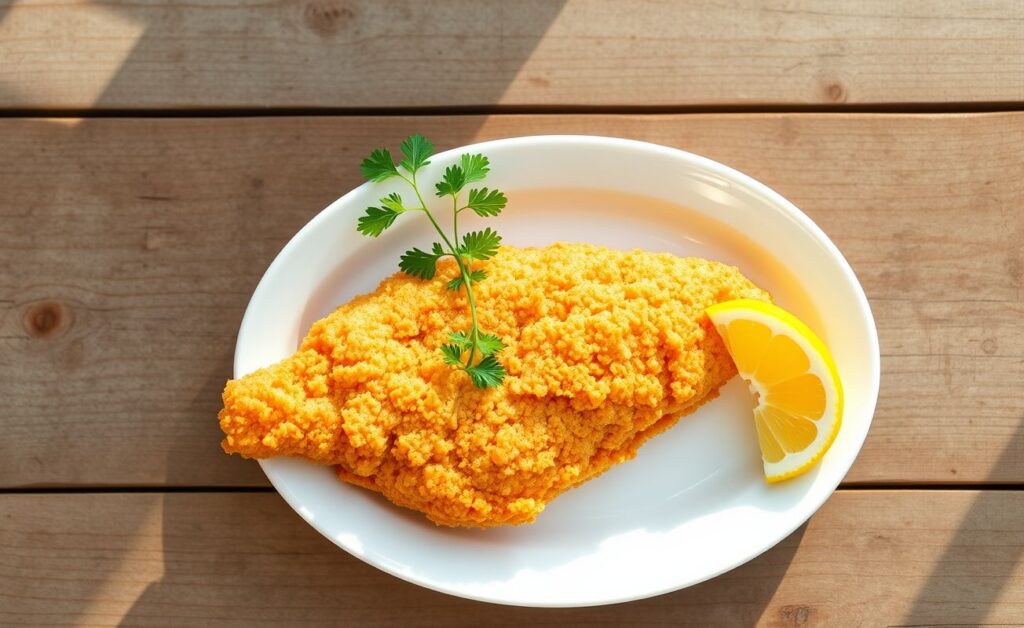 Peixe frito crocante e dourado servido em prato branco com limão e salsa como acompanhamento