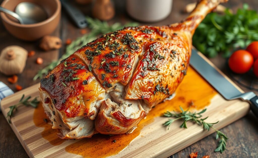 Pernil Assado dourado com crosta de temperos sobre tábua de madeira, acompanhado de ramos de alecrim fresco