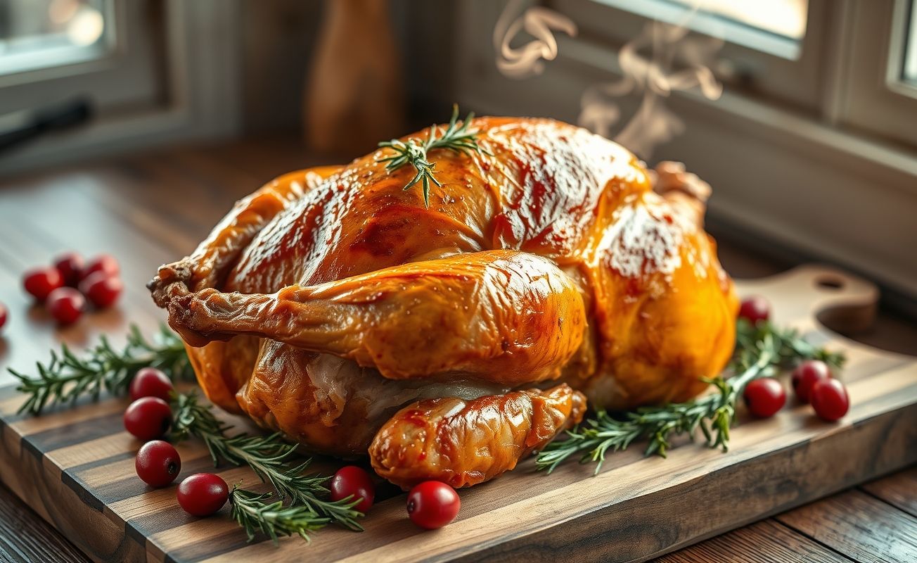 Peru assado dourado do cardápio de natal sobre tábua de madeira, decorado com alecrim e cranberries, pele crocante e suculento