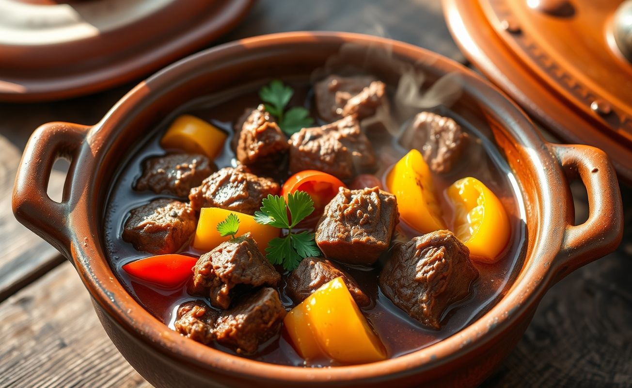 Picadinho de Carne tradicional brasileiro com cubos de carne macia em molho encorpado com legumes coloridos, servido em panela de barro