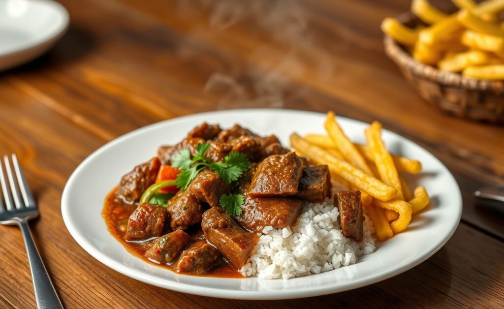 Prato de Picadinho de Carne com cubos de carne em molho escuro acompanhado de arroz branco e batata palha